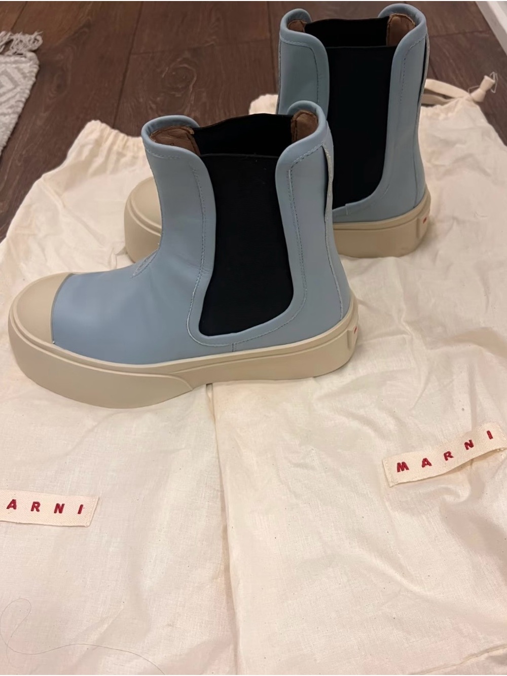 Marni Light Blue Leather Chelsea Platform Boot with Black Elastic